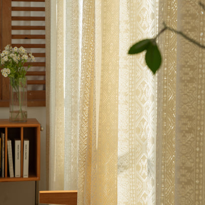 Elegant Hollow Woven Warm Beige Semi-Sheer Window Curtain