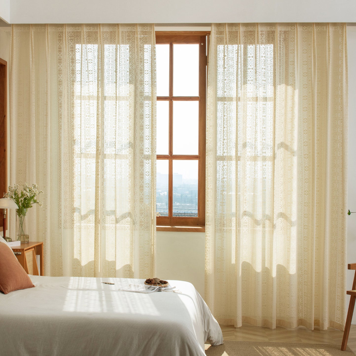 Elegant Hollow Woven Warm Beige Semi-Sheer Window Curtain