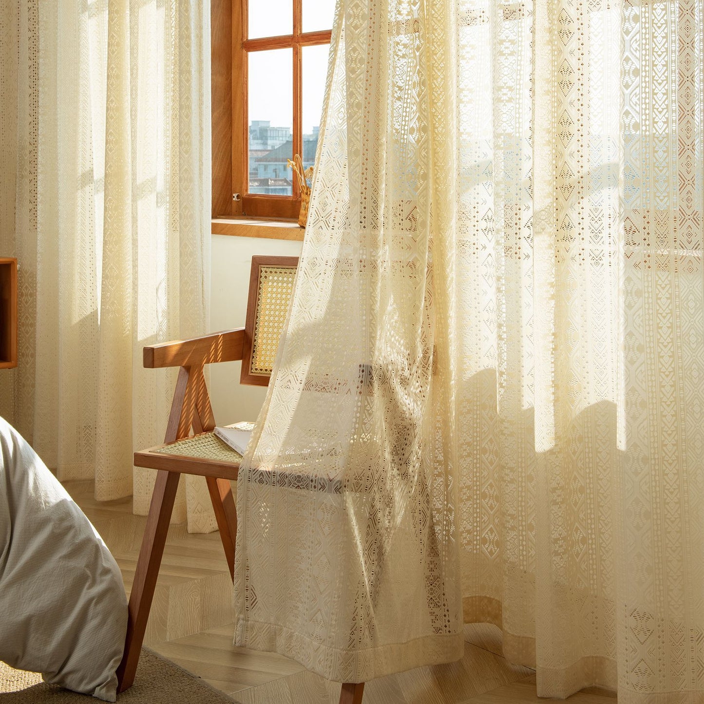 Elegant Hollow Woven Warm Beige Semi-Sheer Window Curtain