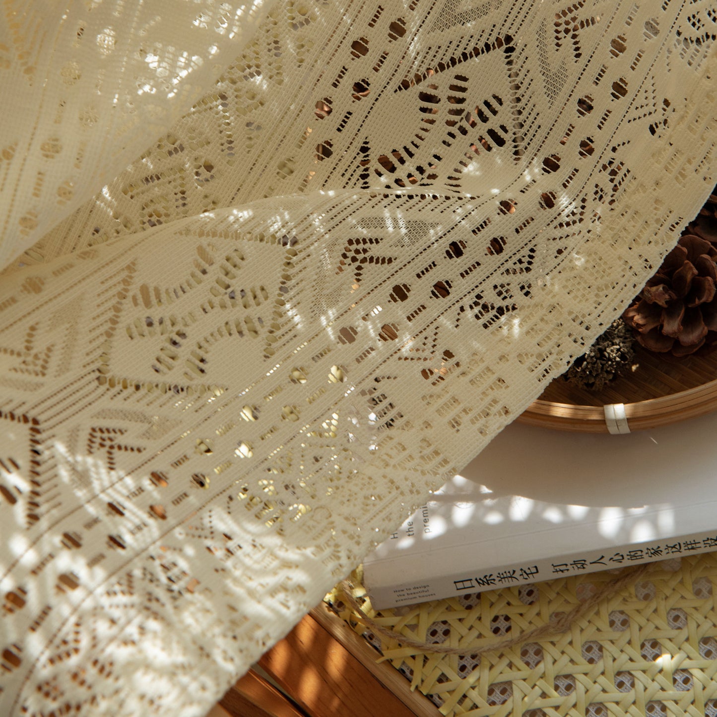 Elegant Hollow Woven Warm Beige Semi-Sheer Window Curtain