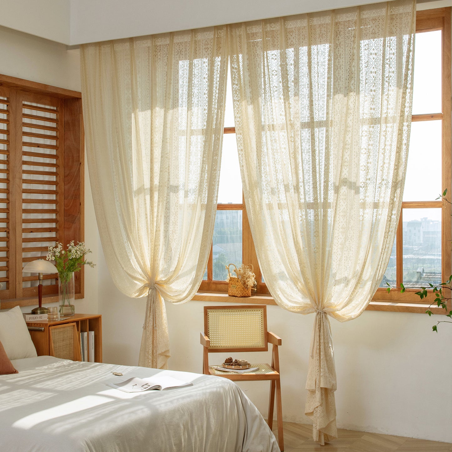 Elegant Hollow Woven Warm Beige Semi-Sheer Window Curtain