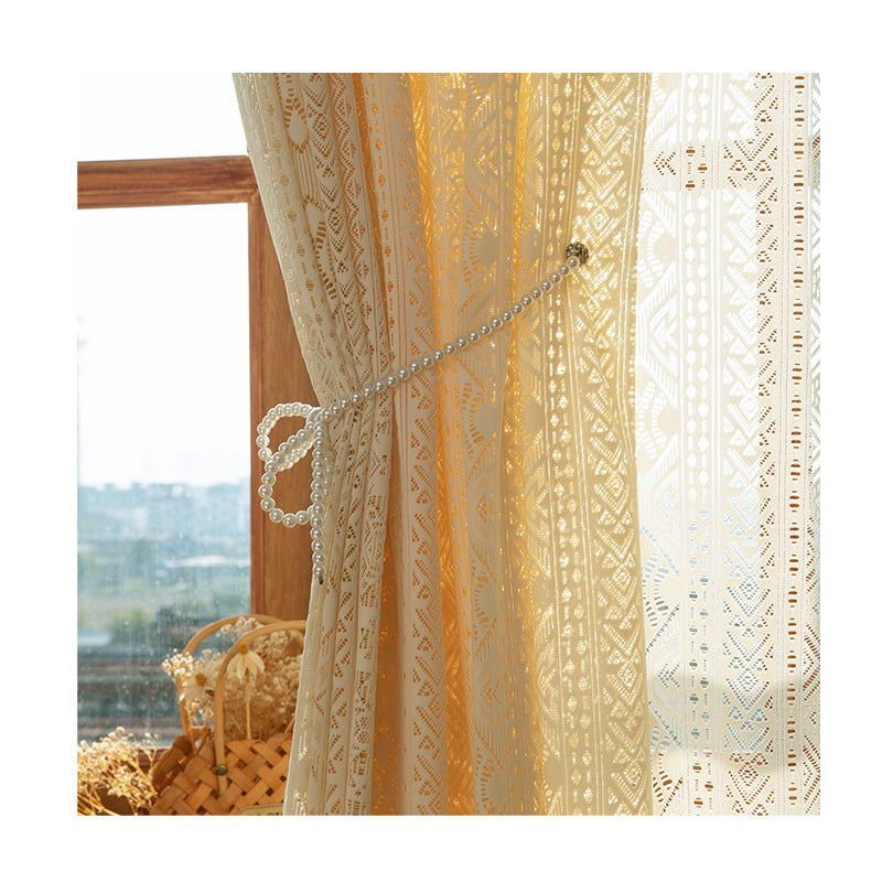 Elegant Hollow Woven Warm Beige Semi-Sheer Window Curtain