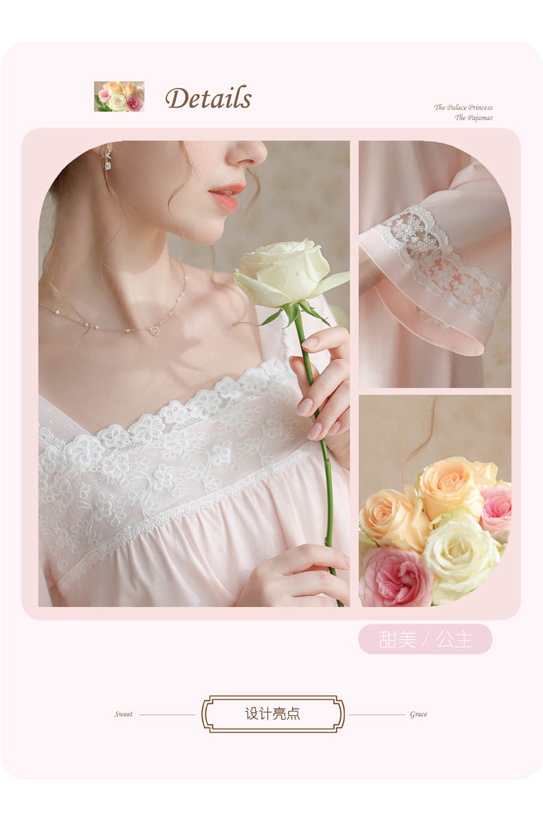 Women's Spring and Autumn Thin Long Sleeve Cotton Lace Ancient Style Sweet Long Dress