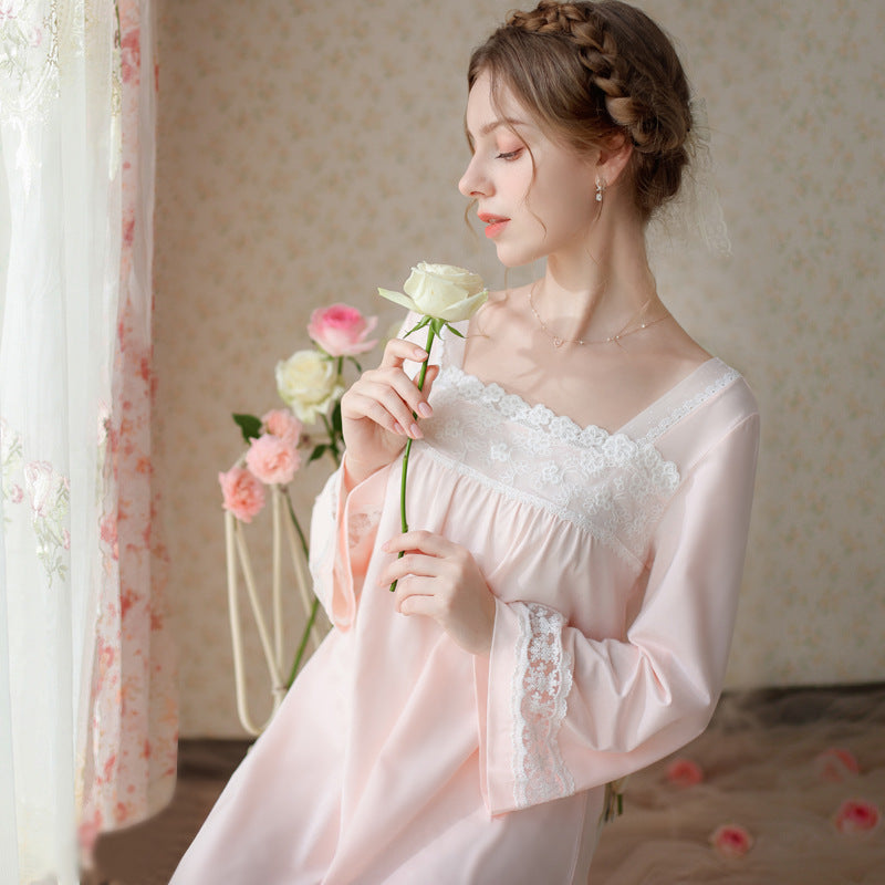 Women's Spring and Autumn Thin Long Sleeve Cotton Lace Ancient Style Sweet Long Dress